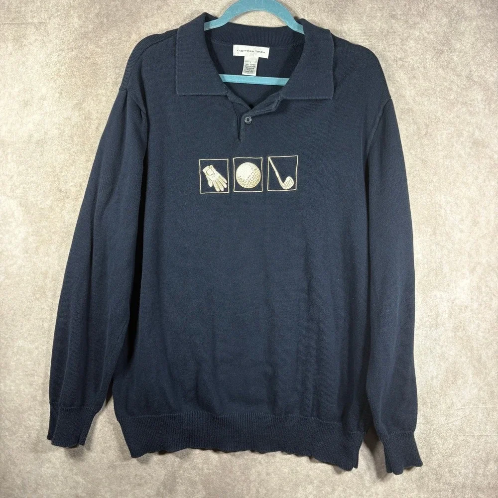 Cypress Links Sweater Mens Size Large Navy Blue Knit Golf Pullover Cotton Preppy